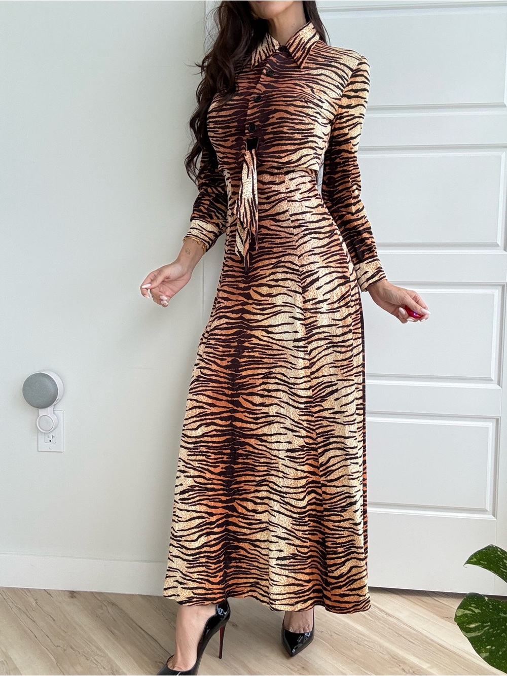 Vintage 70s Tiger Print Nylon Sleeveless 2 piece Maxi Dress
